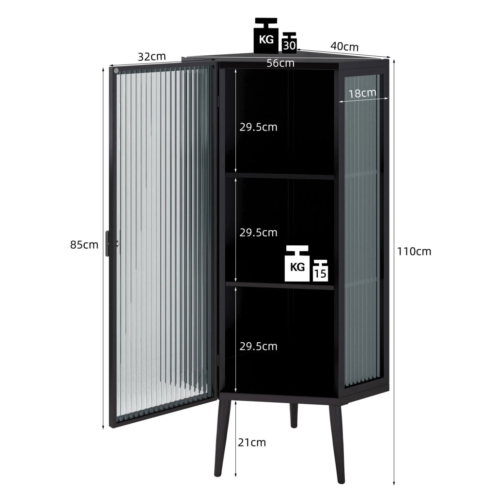 Mobile ad angolo da terra 56x42;5x110 cm in metallo e vetro temperato nero