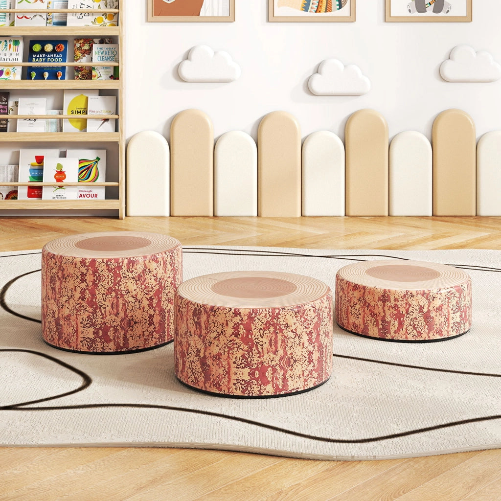 Set 3 sgabelli ceppo albero cuscini pavimento stampa legno altezze diverse, Sgabelli rotondi bambini aula casa asilo decorazione naturale tinta legno scura