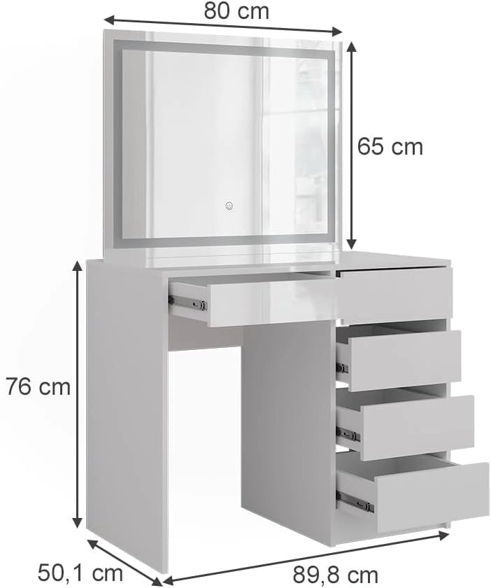 Tavolo da toeletta Sherry, Bianco/bianco lucido, 89.8 cm con specchio LED