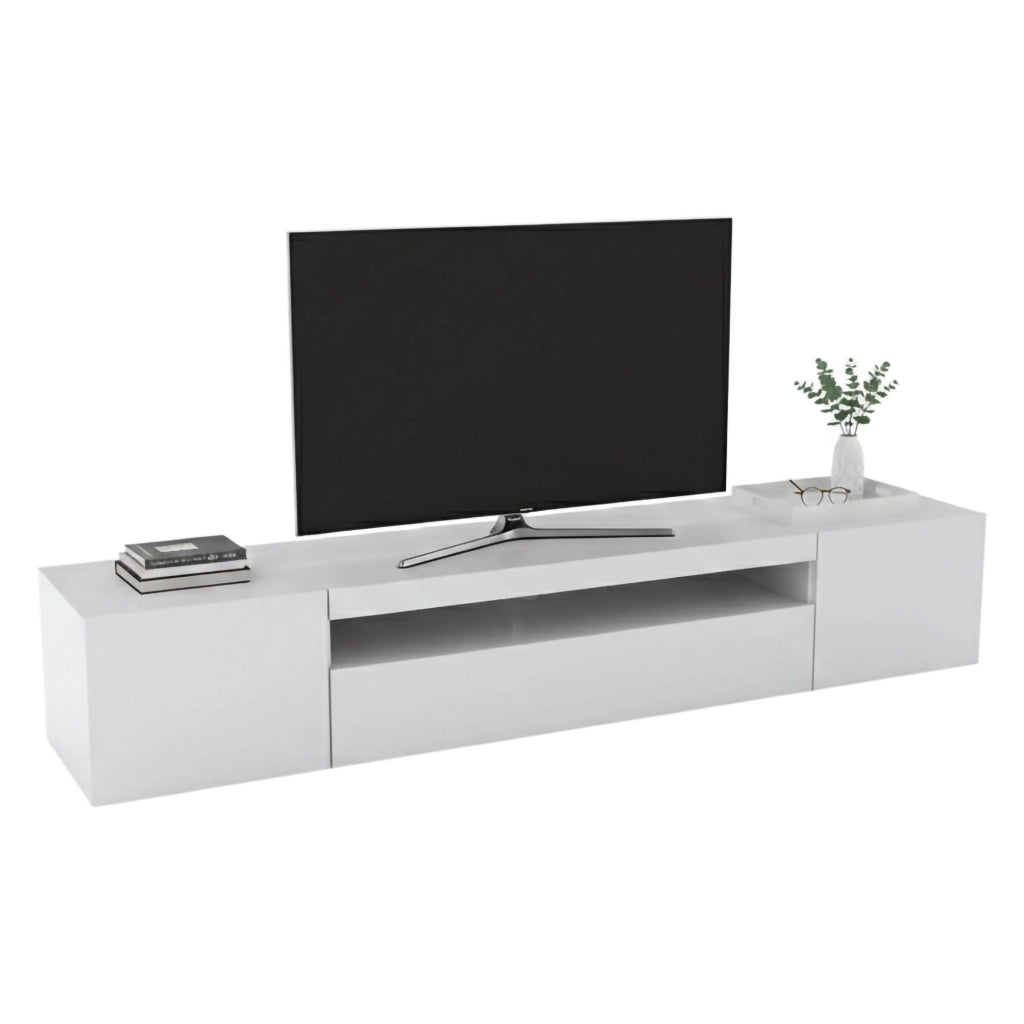 Mobile da soggiorno Porta Amore, Made in Italy, Supporto per Amore da salotto a 3 ante e ripiani, cm 200x40h37, Bianco lucido