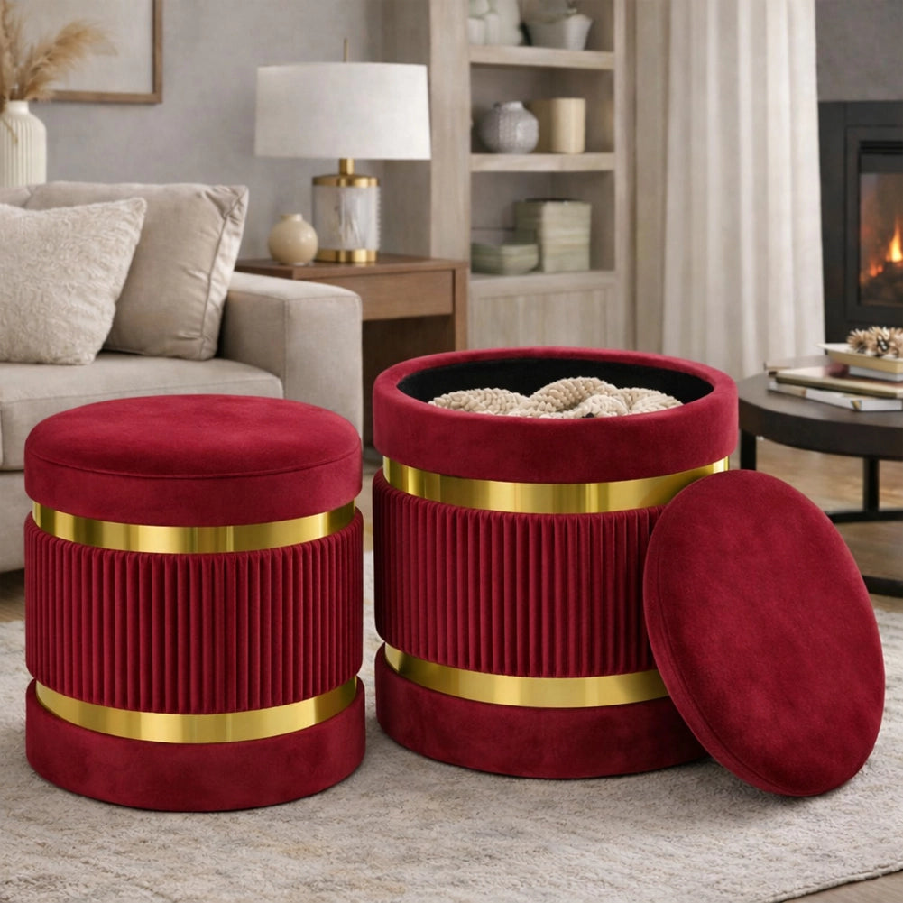 Set 2 Pouf Contenitore Bordeaux con Rivestimento Velluto Morbido Sgabelli Moderni