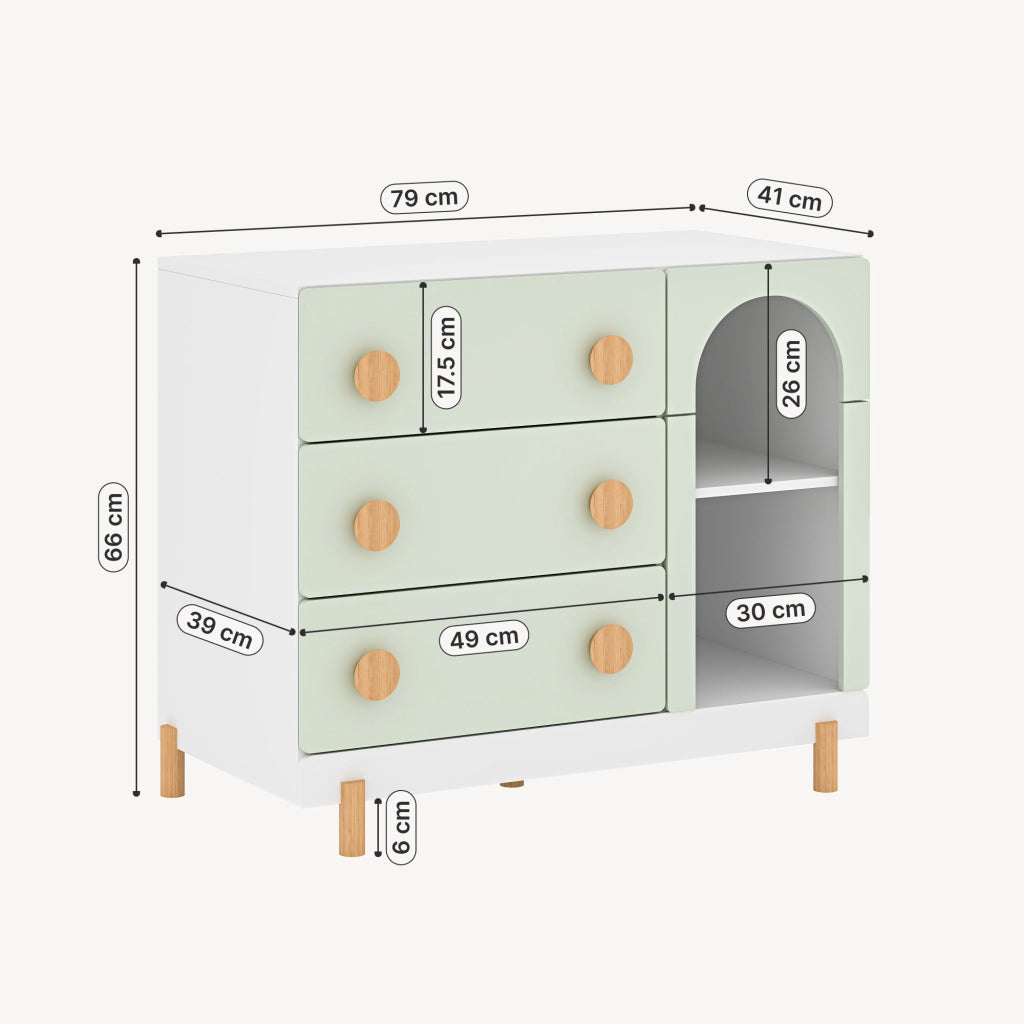 Cassettiera Vaarentaa per Cameretta con 3 Cassetti e 2 Vani Aperti 79x41x66 cm - Bianco/Verde Menta [en.casa]