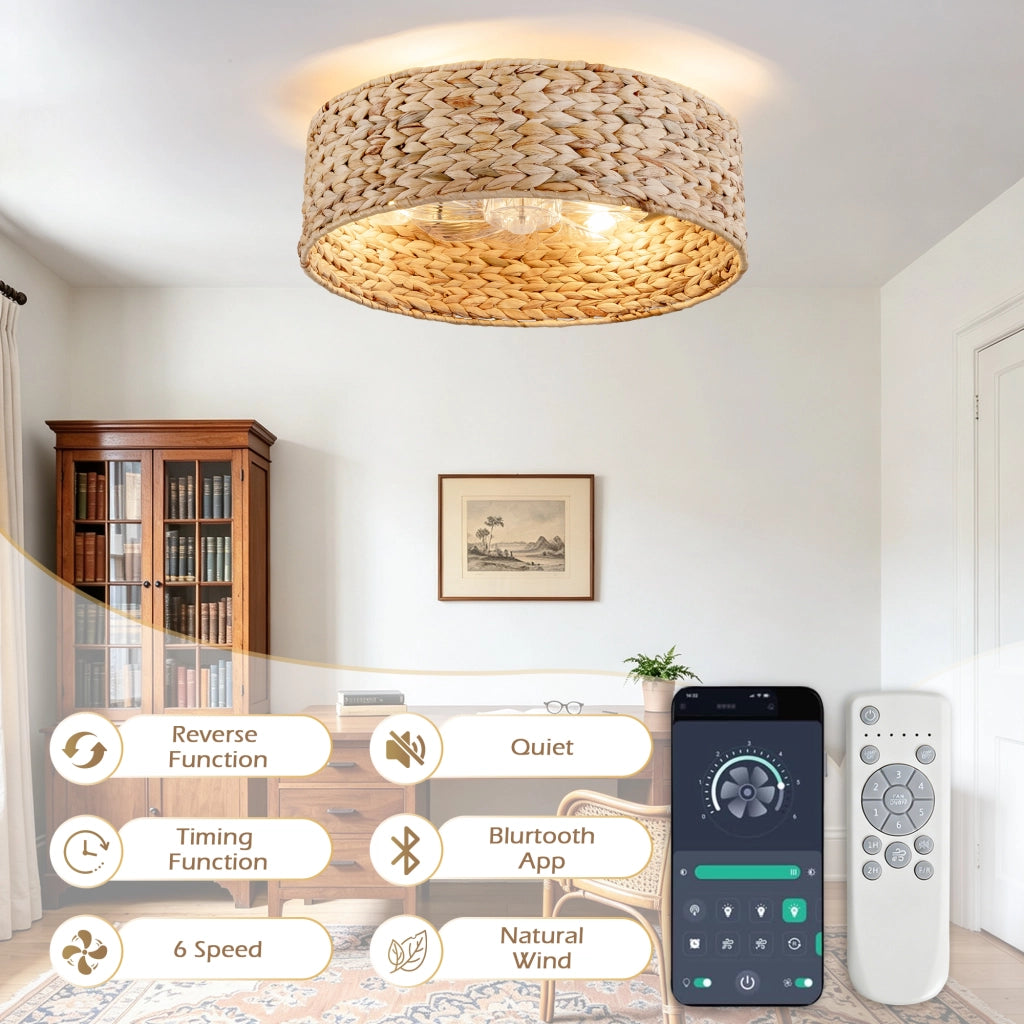 Ventilatore a incasso 19 pollici con luce, pale ABS effetto rattan, doppio controllo app e telecomando, 6 velocit¨¤ reversibili, moderno