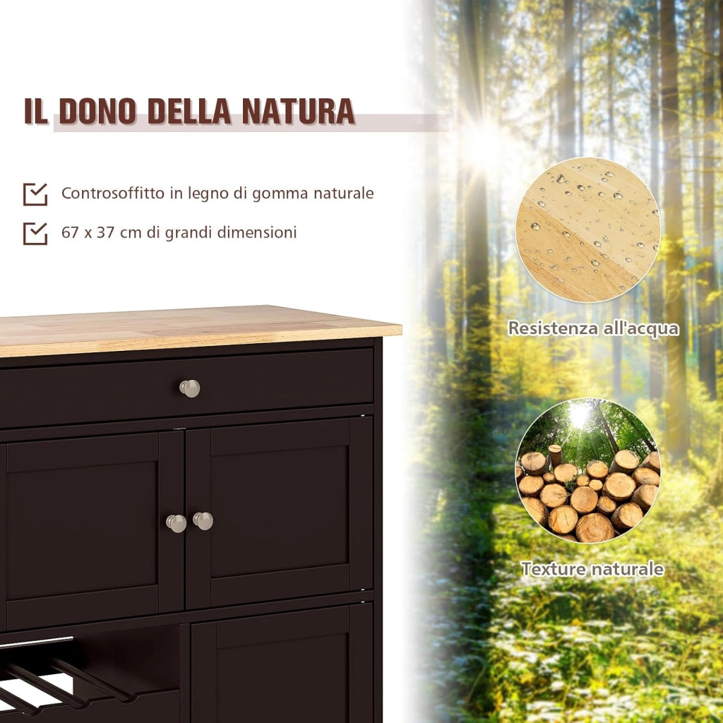 Carrello da Cucina, con Portabottiglie Tre Ante e Ruote, Credenza Cucina in Legno di Pino e MDF, Ideale per Soggiorno e Cucina, 67 x 37 x 86 cm (Marrone)