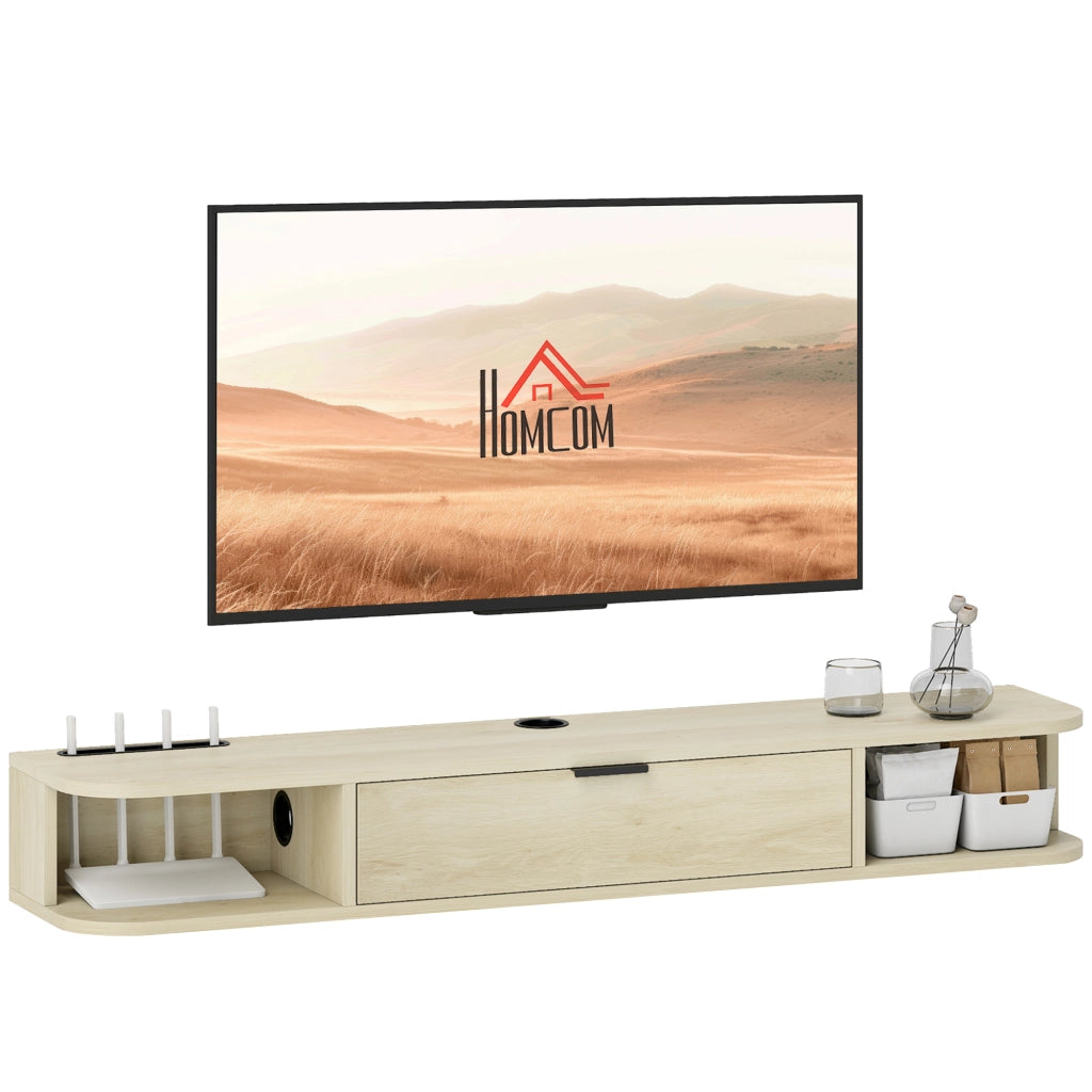 Mobile TV Sospeso con Cassetto e Ripiani Aperti ¨C zephmum ¨C Legno Naturale 120x24x16 cm