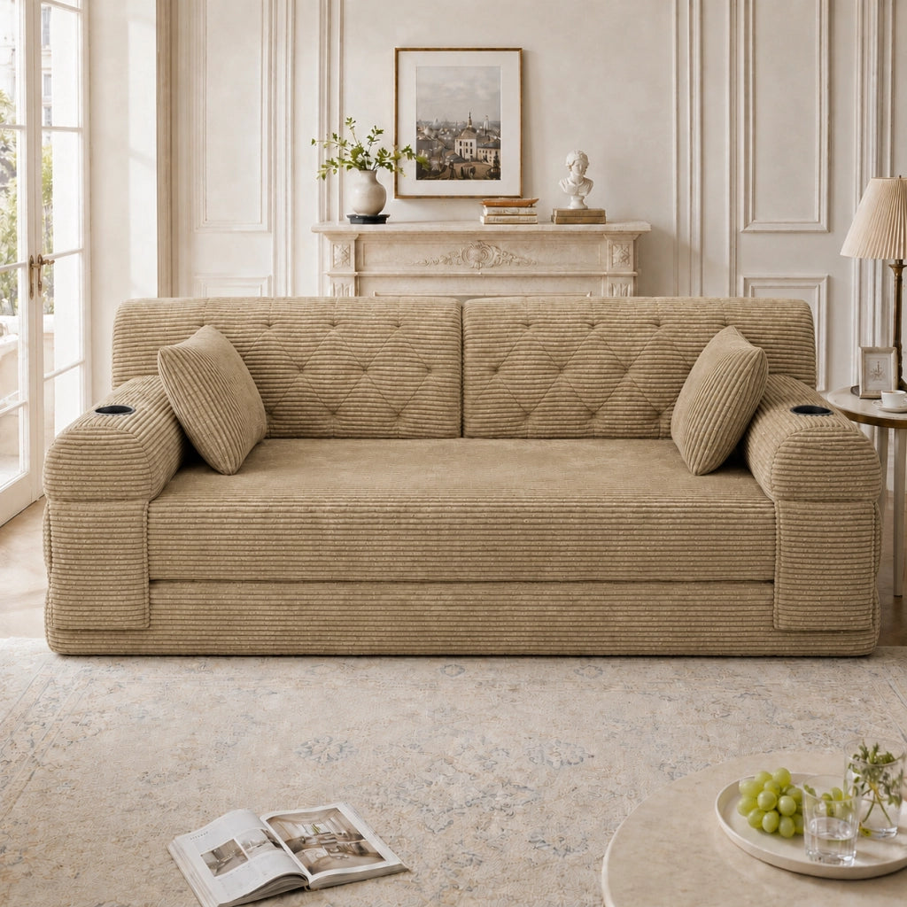 Divano letto compatto con schienale alto e 4 tasche laterali, portabicchieri, in tessuto corda cachi 208 × 80 × 81 cm