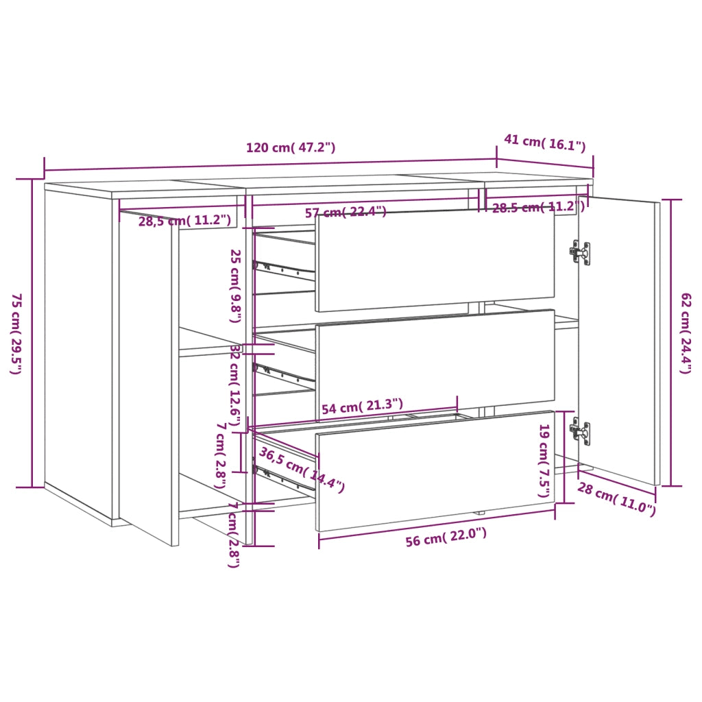 Credenza con 3 Cassetti-Buffet-Armadio da cucina Bianco Lucido 120x41x75cm in Truciolato