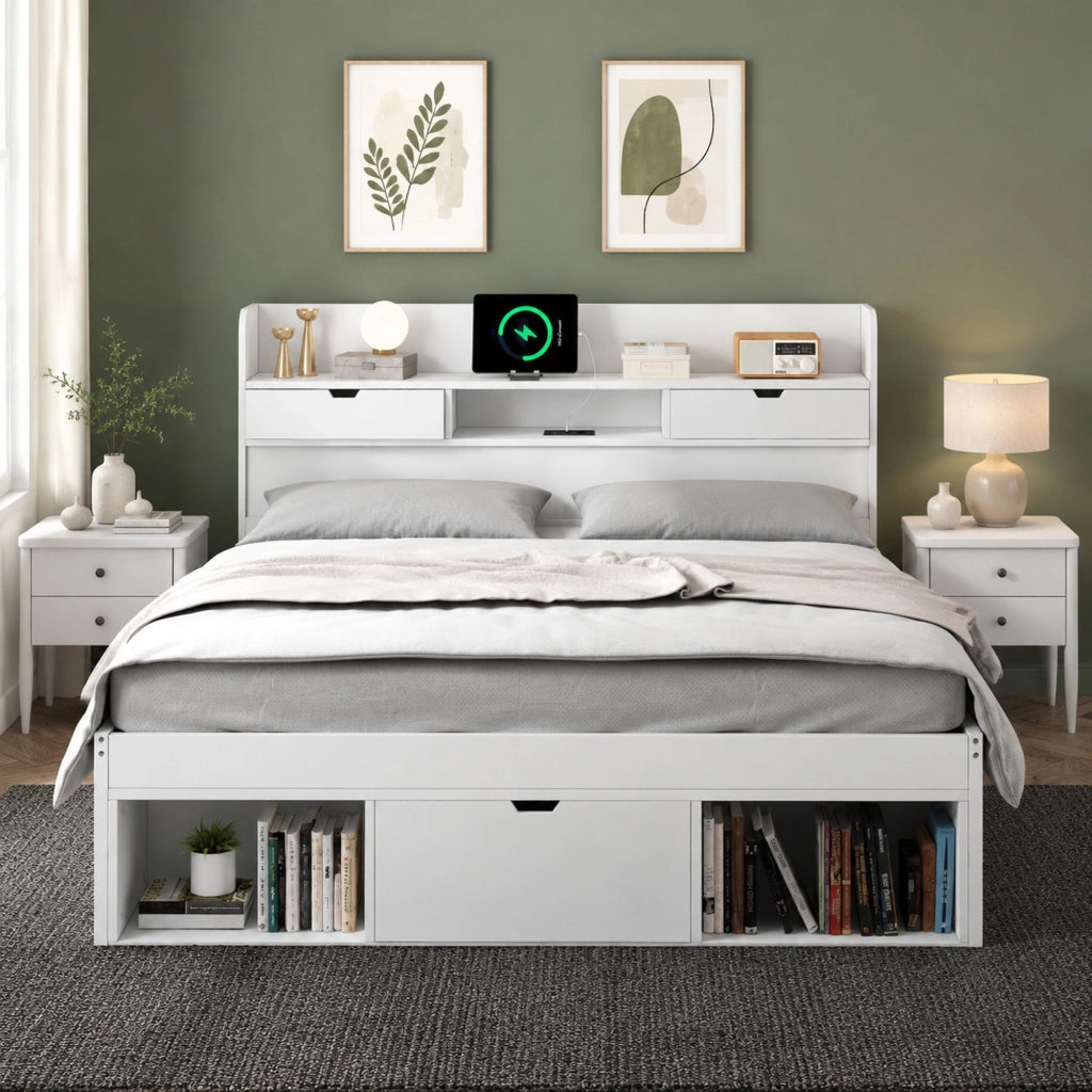 Letto singolo/matrimoniale 140x200 cm bianco con USB, Type-C, cassetti e vano contenitore, senza materasso
