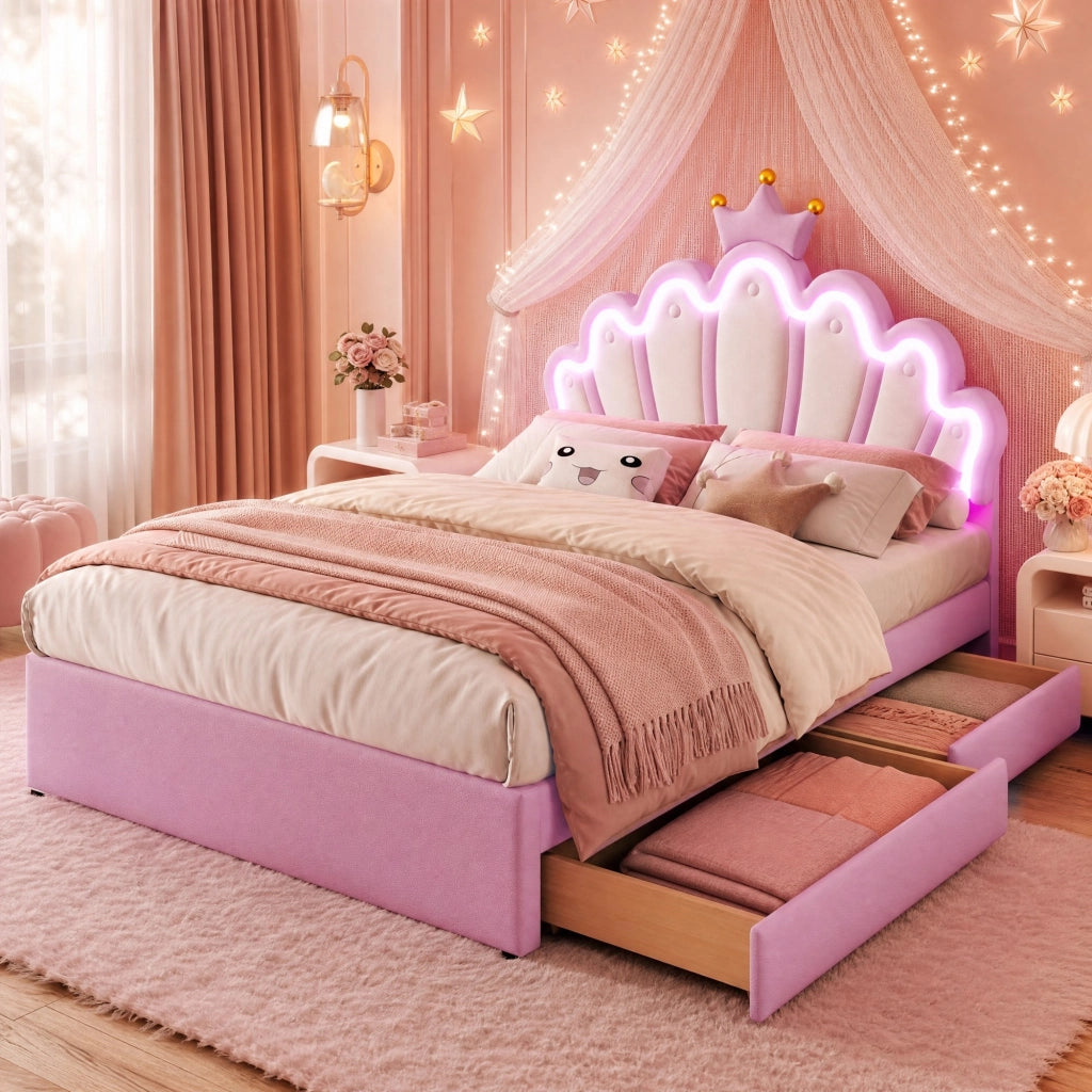 LETTO imbottito 140x200 cm in PU rosa con 2 cassetti e testiera regolabile