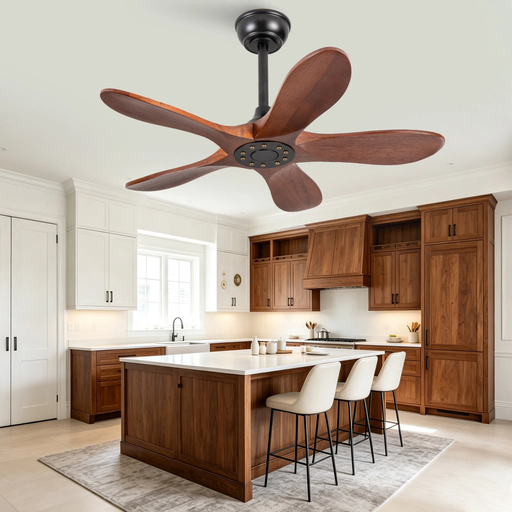 Ventilatore da soffitto 36 pollici senza illuminazione, 5 pale legno massello, motore reversibile 6 velocit¨¤, design classico, silenzioso