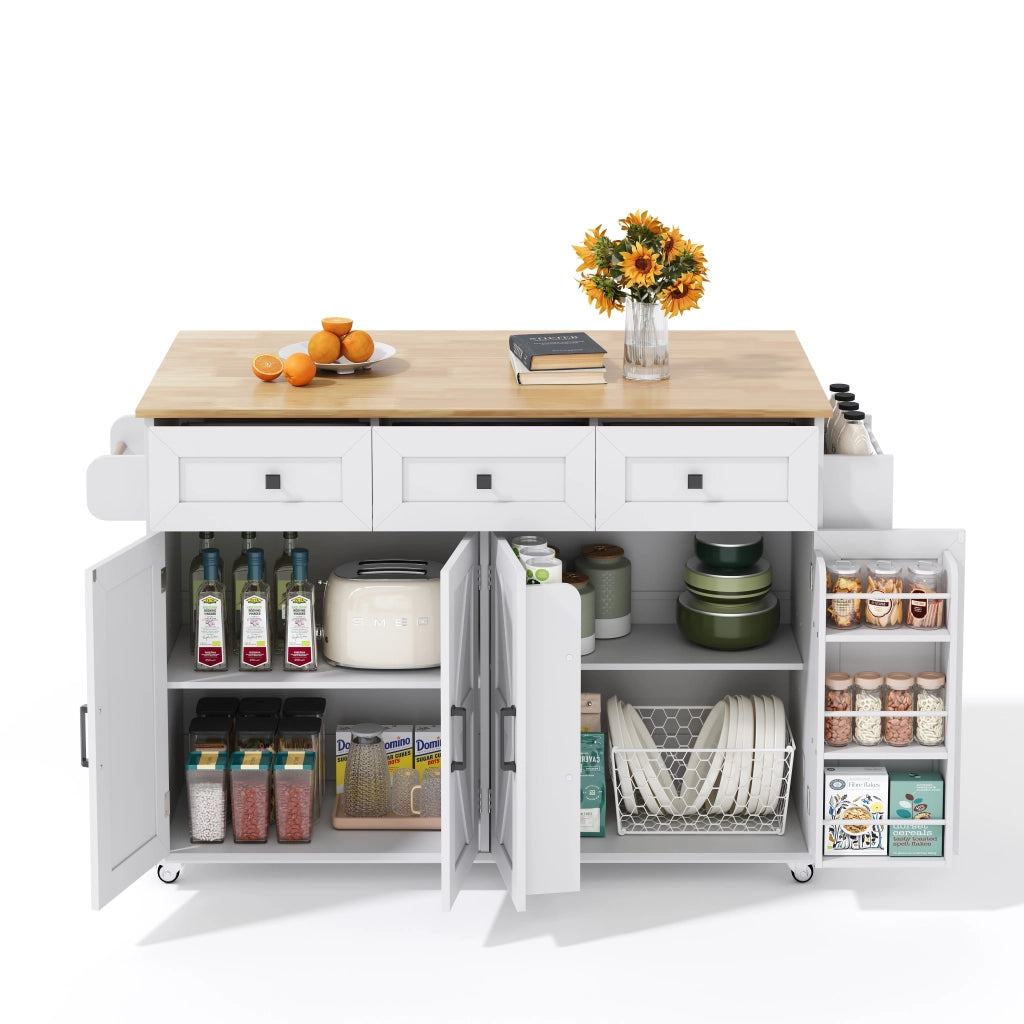 Isola da Cucina Mobile 140x43/70x90;5 cm Bianca con Piano Ribaltabile; 3 Cassetti; 4 Ante e 5 Ruote