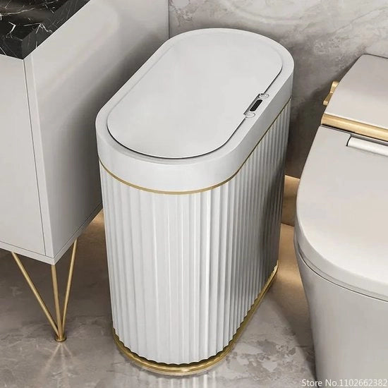 Cassetto della Spazzatura - Cassetto della Spazzatura con Sensore - Cassetto della Spazzatura Intelligente - Cassetto della Spazzatura Automatico - 9L - Imbottito Acqua - Stile - Sensore di Movimento - Ricaricabile via USB - Bianco - Oro
