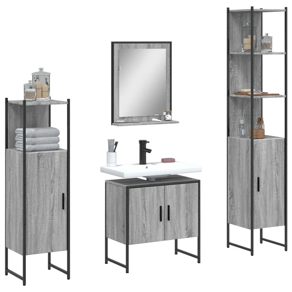 Set Mobili da Bagno | Armadio da bagno 4 pz Grigio Sonoma in Legno Multistrato