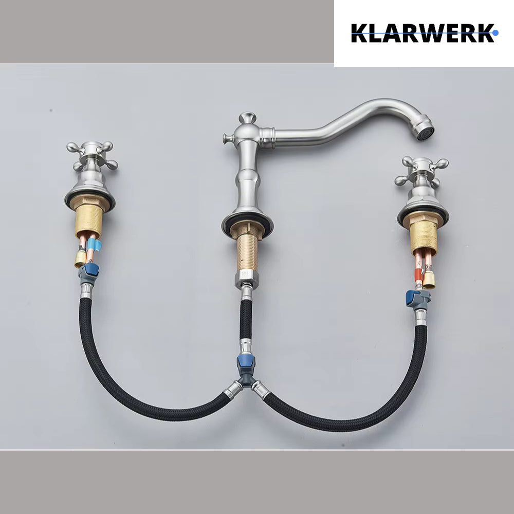 JULIAN | Rubinetto da bagno vintage a 3 fori argento spazzolato | Lavello in acciaio inossidabile retrò premium | Antico miscelatore 2 maniglie