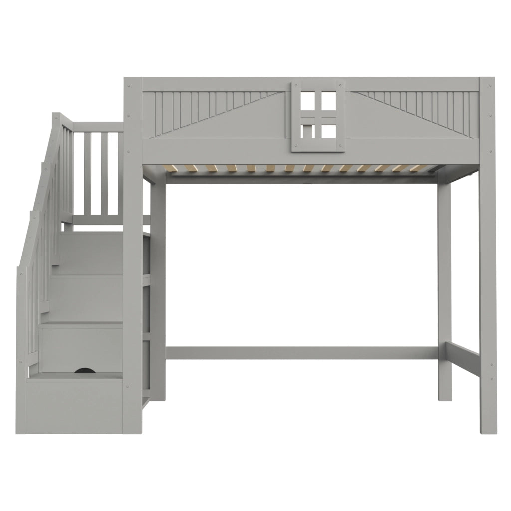 Letto a soppalco 140x200 cm con scala reversibile e vani portaoggetti in legno grigio