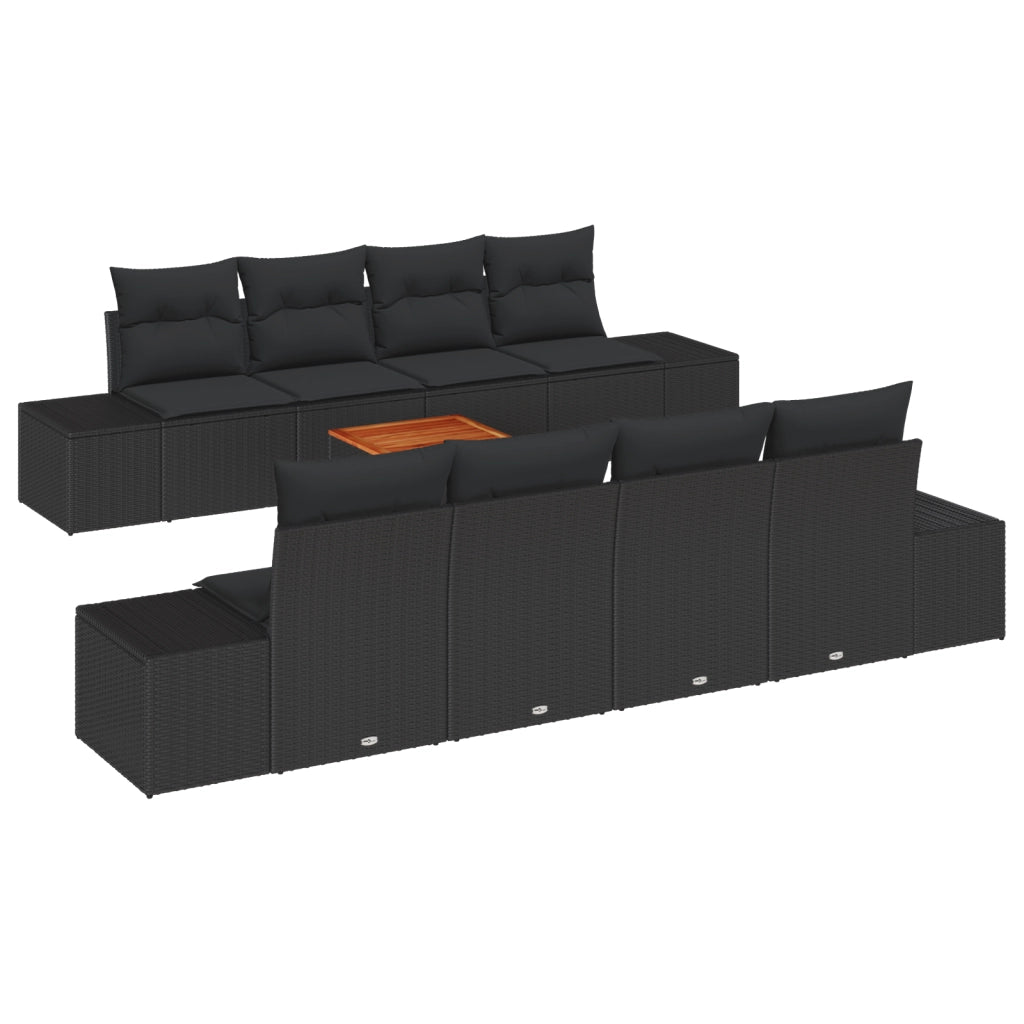Set Divano da Giardino 7 Pezzi con Cuscini Nero Polyrattan Acacia