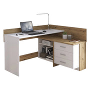 Scrivania Elsa, Scrittoio multiuso, Tavolo per ufficio porta PC, Piano di lavoro, 130x112h82 cm, Bianco e Rovere Nodi