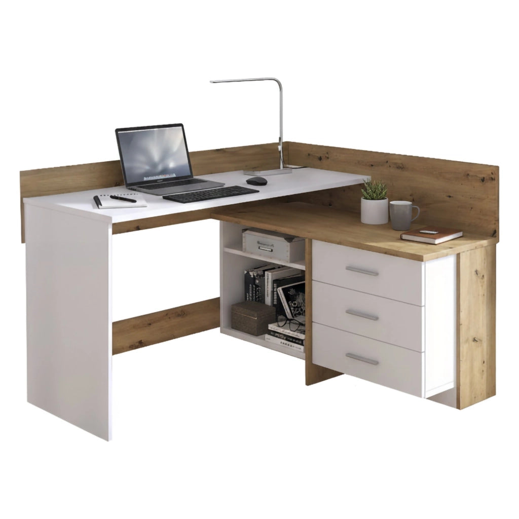 Scrivania Elsa, Scrittoio multiuso, Tavolo per ufficio porta PC, Piano di lavoro, 130x112h82 cm, Bianco e Rovere Nodi