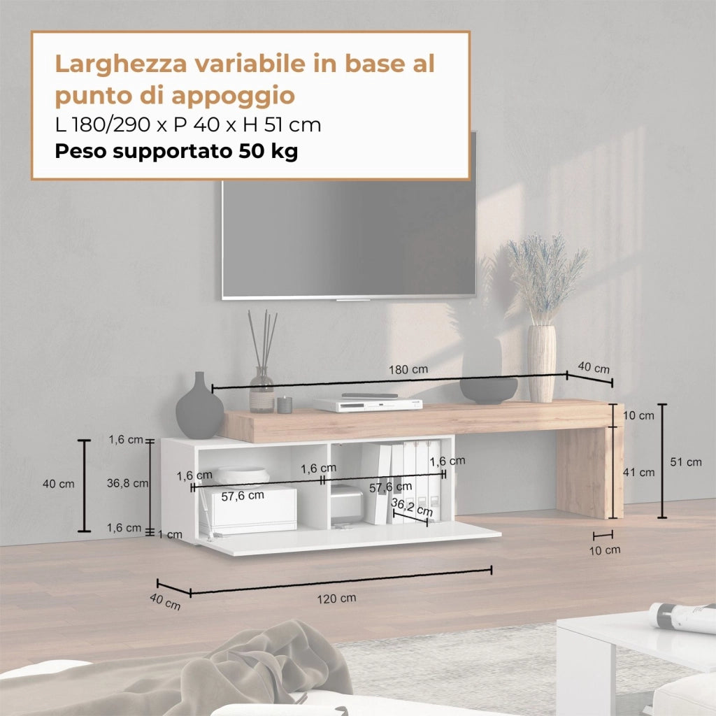 WHOUS Mobile porta tv Chronos estensibile con 1 anta a ribalta bianco/rovere 180/290x40x51 cm