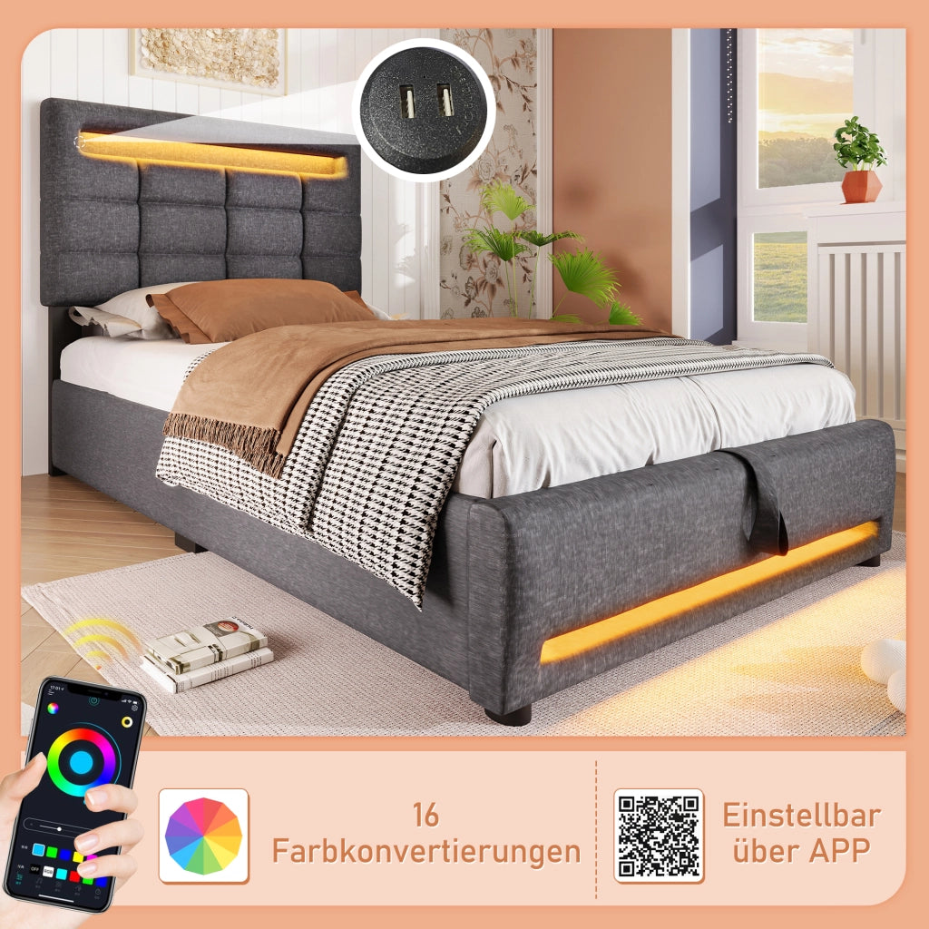 LETTO Contenitore 90x200 cm Lino Grigio con LED APP e USB