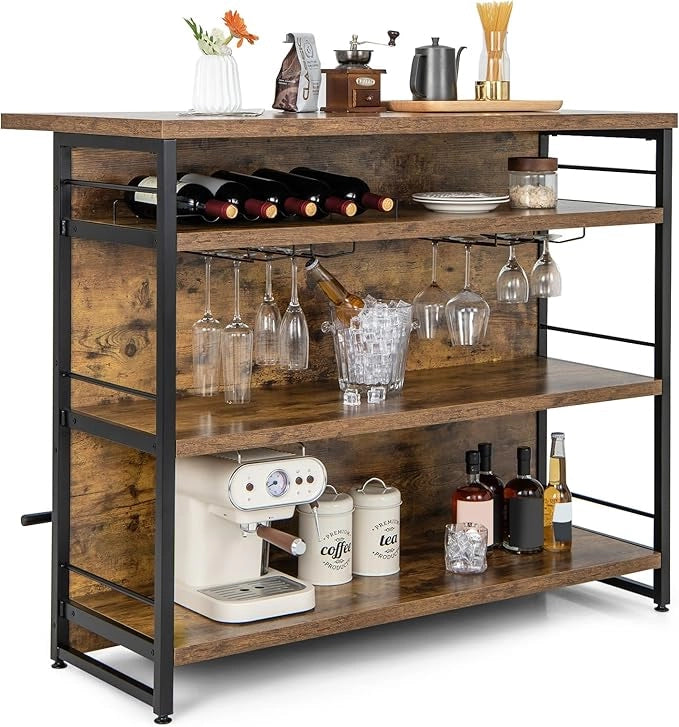 Isola per Cucina con Ampio Piano di Lavoro, Mobile da Cucina con 3 Ripiani Aperti, Poggiapiedi e Piedini Regolabili, Struttura in Metallo, per Cucina, Soggiorno, 120 x 60 x 101cm (Marrone)