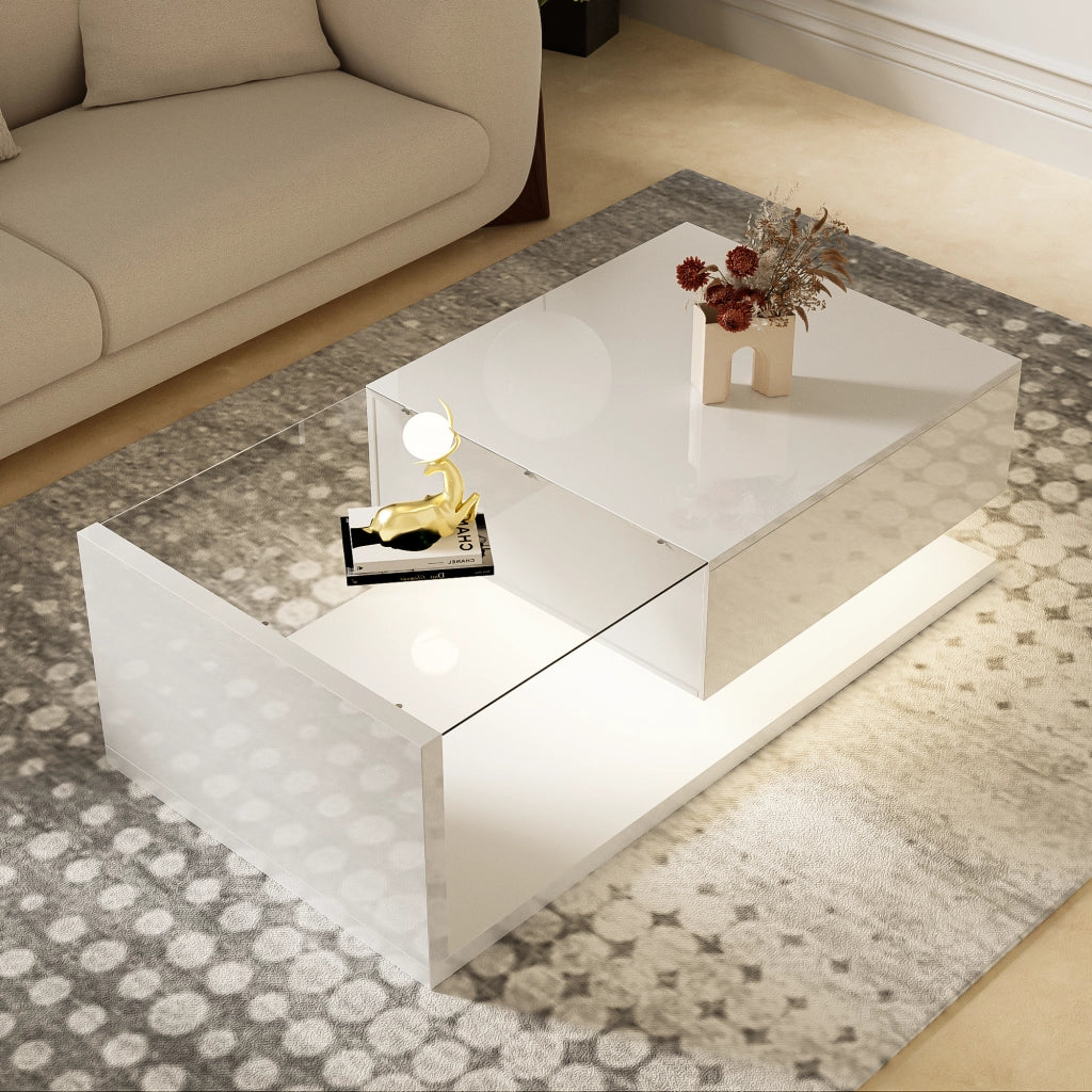 Tavolino da Salotto con Ripiano e Piano in Vetro Temperato e LED 16 Colori; Bianco Lucido; Stile Moderno; in Truciolato; 105¡Á55¡Á32;5 cm