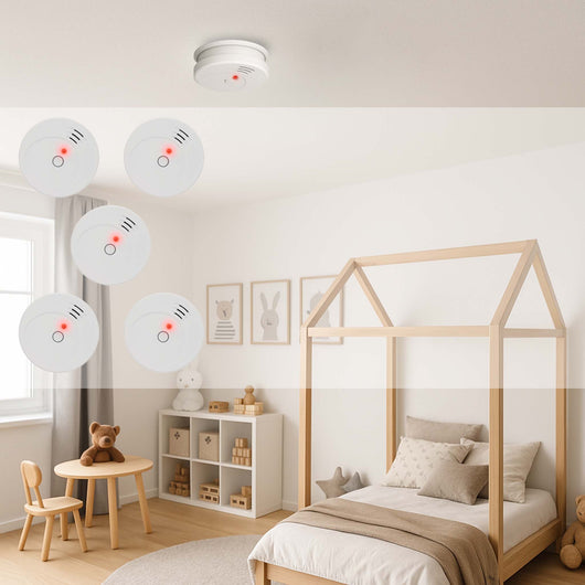 Rilevatore di fumo fotoelettrico con batteria 9V, 5 pz, Allarme Incendio 85dB, senza filo, DIN EN 14604