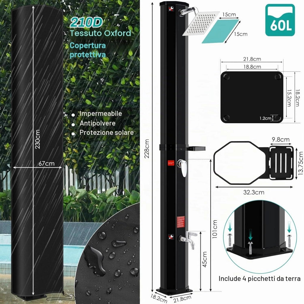 Doccia Solare 60 L, Doccia Solare da Giardino, con Soffione, Rubinetto, Scatola di Sapone e Custodia Protettiva, Acqua Calda fino a 60 °C, Attacco per Tubo da Giardino, Doccia per Piscina e Campeggio