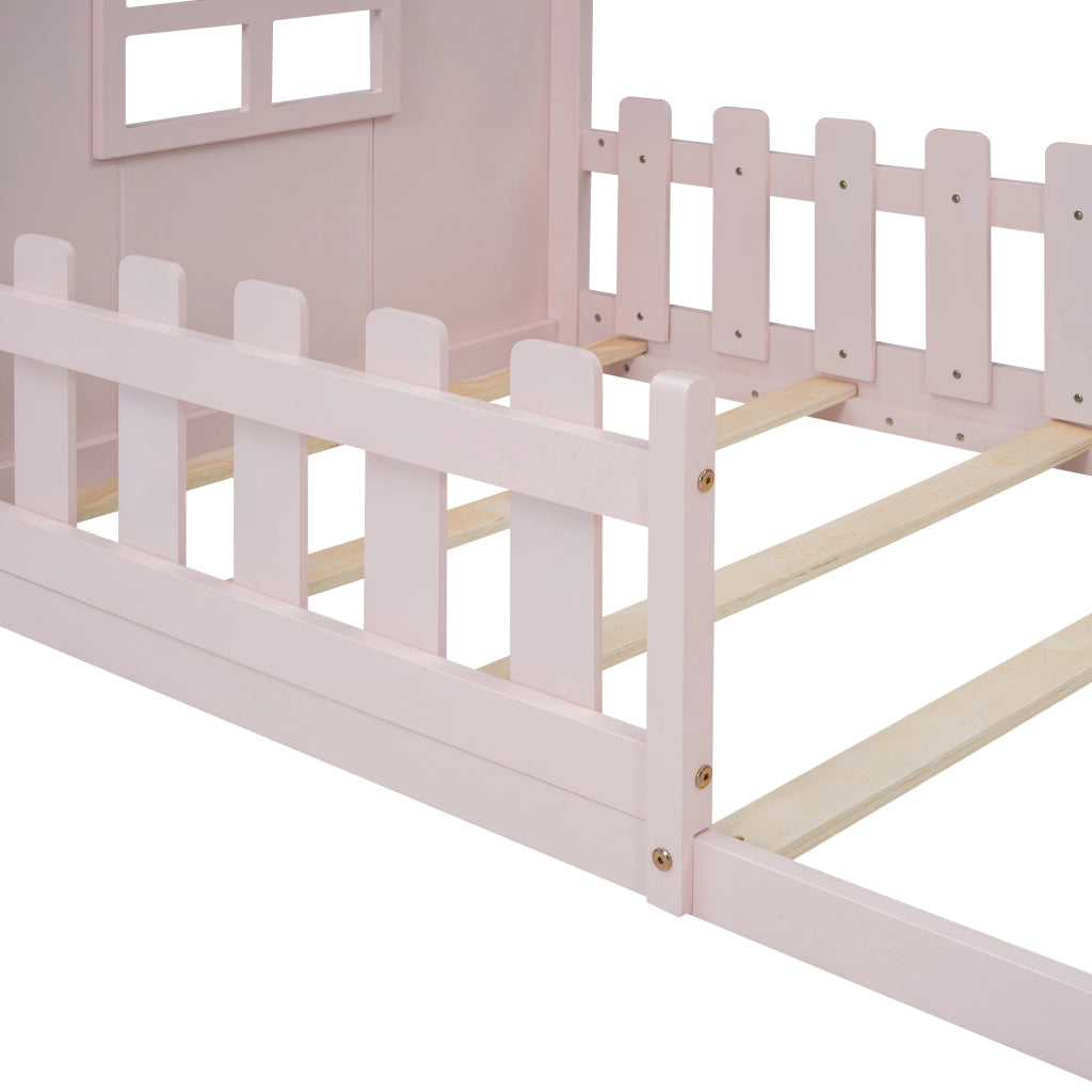 Letto a forma di casa rosa in pino e MDF 90x200 cm