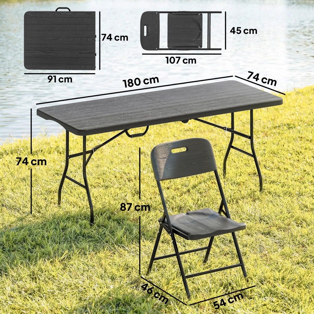 Set 5 Pezzi Tavolo e Sedie da Campeggio con Tavolino Pieghevole e 4 Sedie in HDPE e Metallo Nero