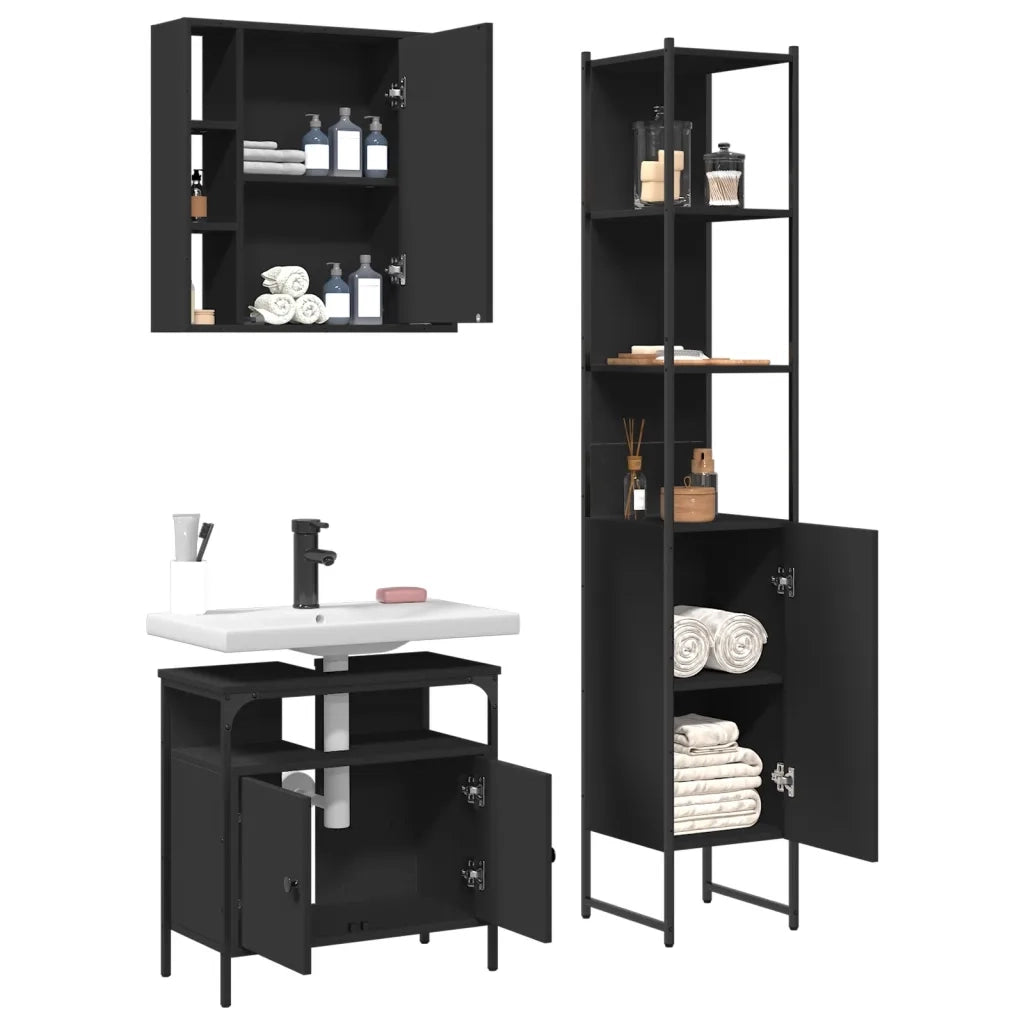 Set di Mobili da Bagno 3 pz Nero in Legno Multistrato