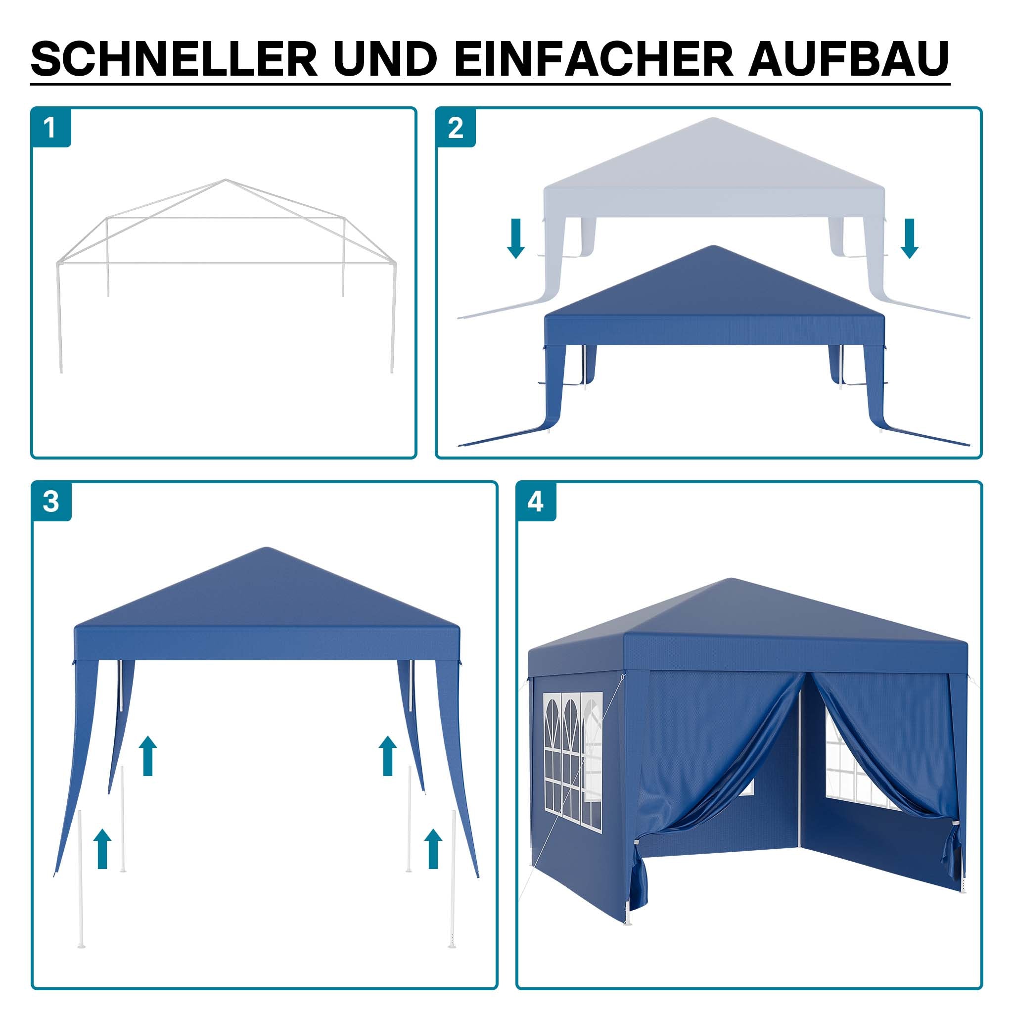 Gazebo 3 x 3 m in blu con protezione UV 50+, tendone da giardino con pareti laterali rimovibili, tenda da festa con finestre, ad esempio per terrazze e festival