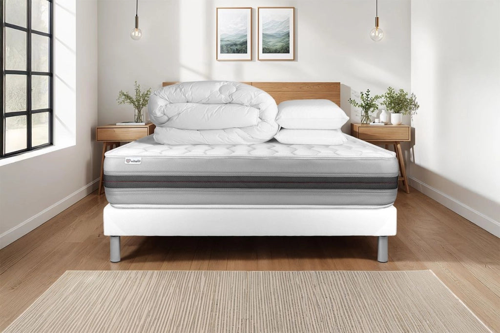 Pacchetto letto completo - Materasso 200x200cm + Box spring con doghe (in kit) + 2 guanciali + Piumino - Vitalspring Recover