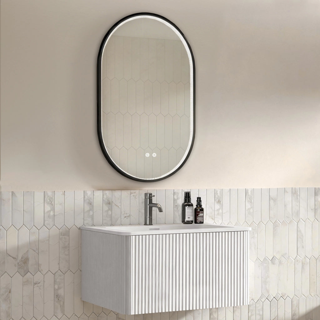 Mobile bagno sospeso con lavabo integrato e cassetto; specchio LED antiappannamento per bagno; bianco