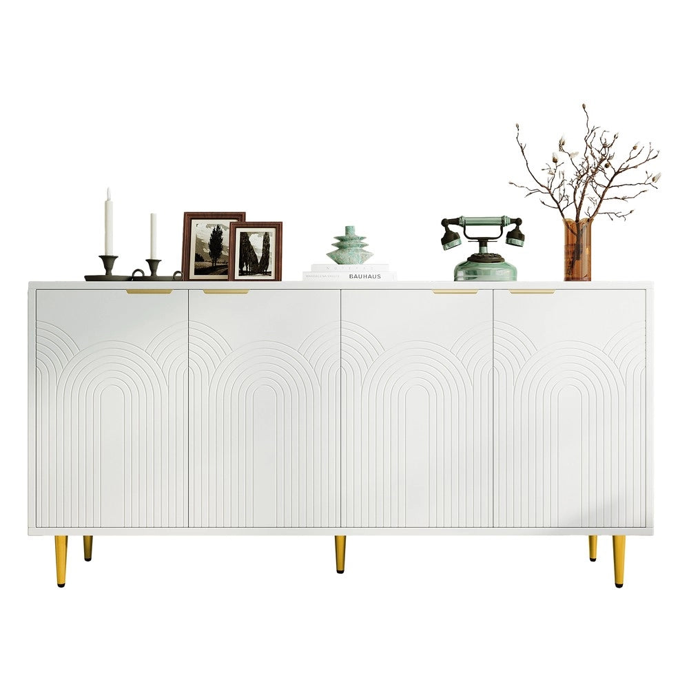 Credenza Soggiorno 4 Ante ¨C MINIMAL ¨C Bianco Lucido, Gambe Dorate, 160x80x40 cm