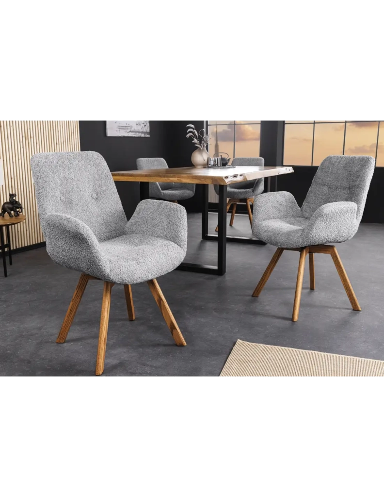 Set di 2 sedie design SORRANO girevoli a 360° in tessuto bouclé grigio chiaro e gambe in rovere chiaro