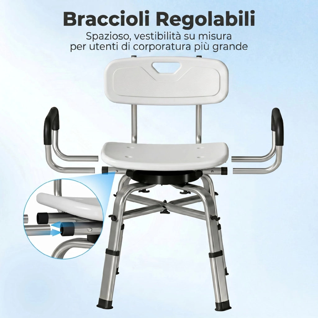 Sedia per Doccia Girevole ad Altezza Regolabile con Braccioli. Schienale. Capacit¨¤ 150 kg. Bianco