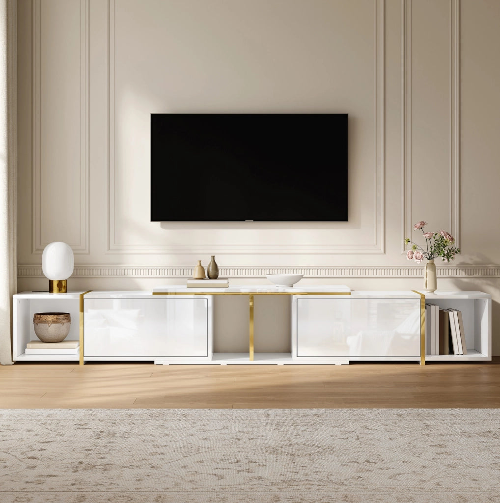 Mobile TV estensibile in truciolare bianco con frontali lucidi e vani aperti