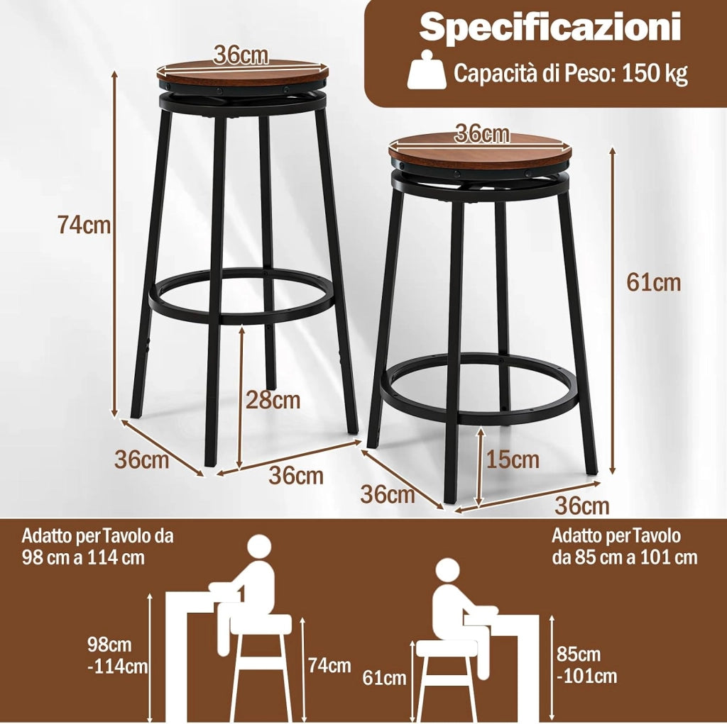 Set di 2 Sgabelli Girevoli e Regolabili in Altezza, Sgabelli da Bar in Metallo e MDF con Poggiapiedi, Mobile per Isola della Cucina, Sala da Pranzo e Salotto, Marrone e Nero