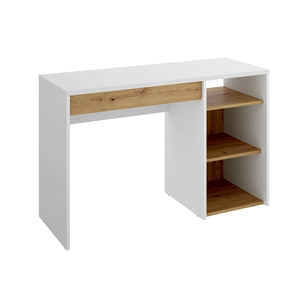 Scrivania Antonello, Scrittoio ufficio salvaspazio multiuso, Tavolo da studio lineare con 1 cassetto e 3 ripiani, 110x50h74 cm, Bianco e Rovere Nodi