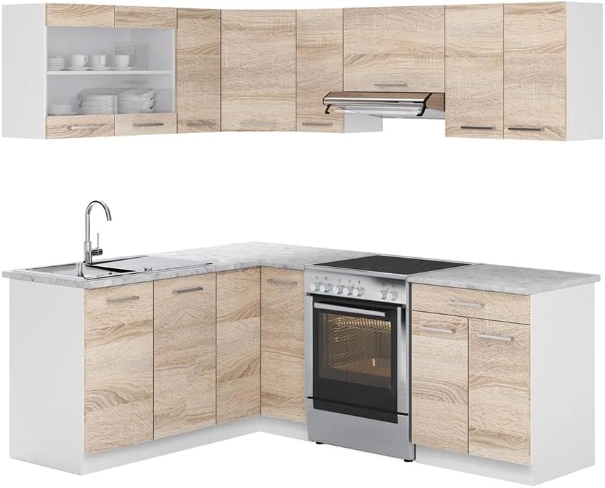 Cucina ad angolo Rick, Bianco/Sonoma, 210 x 60 cm, PL Marmo, per disposizione flessibile ed espansione personalizzata