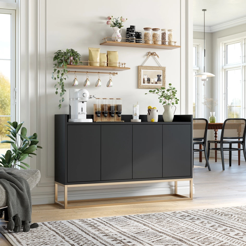 Credenza buffet 120cm nera, mobile soggiorno in pannello di particelle con base metallo oro, 4 ante push‑to‑open, ripiani regolabili, mobile da ingresso sala da pranzo
