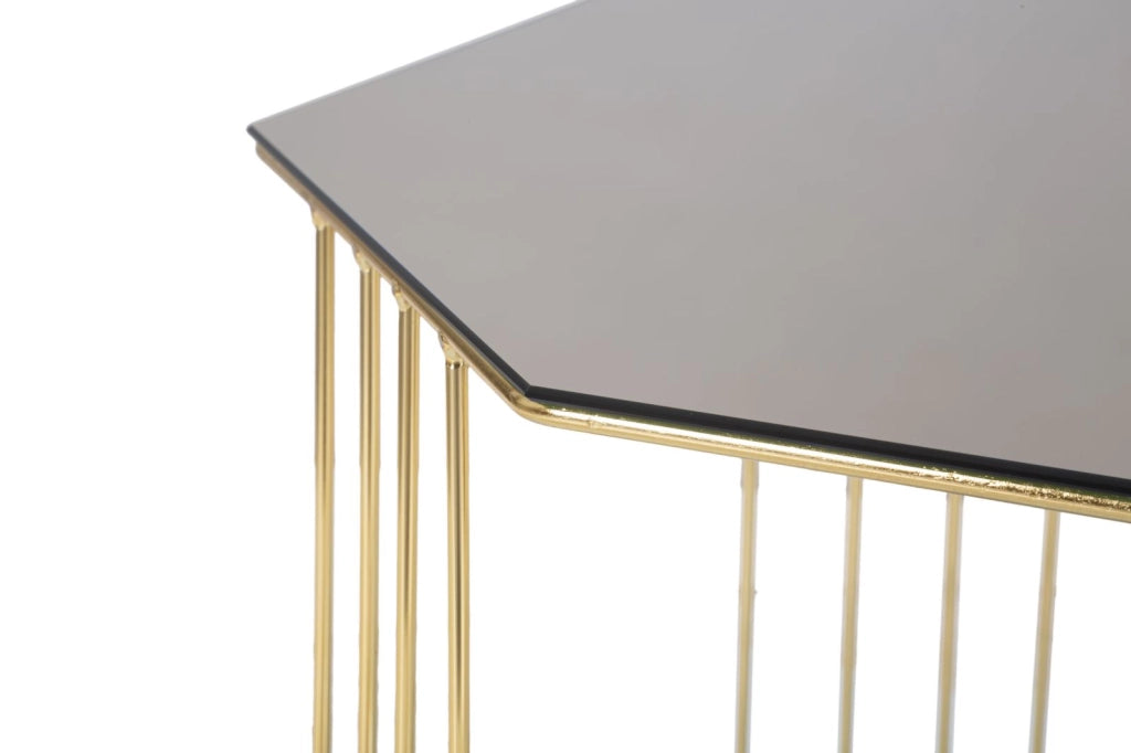 Tavolino in metallo dorato, piano in vetro fumè 70x70x45cm Octagonal