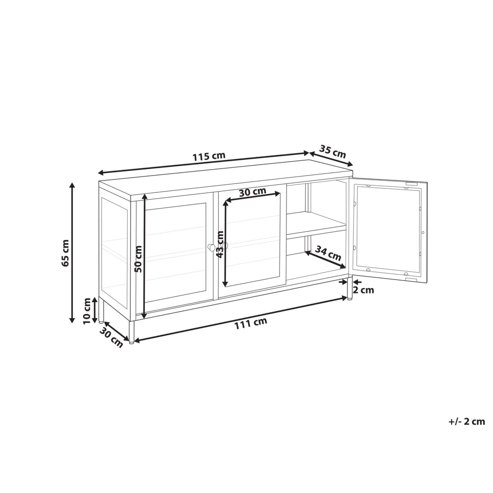 Credenza in metallo bianco 115 x 35 cm 3 ante ripiani in vetro temperato gambe soggiorno moderno