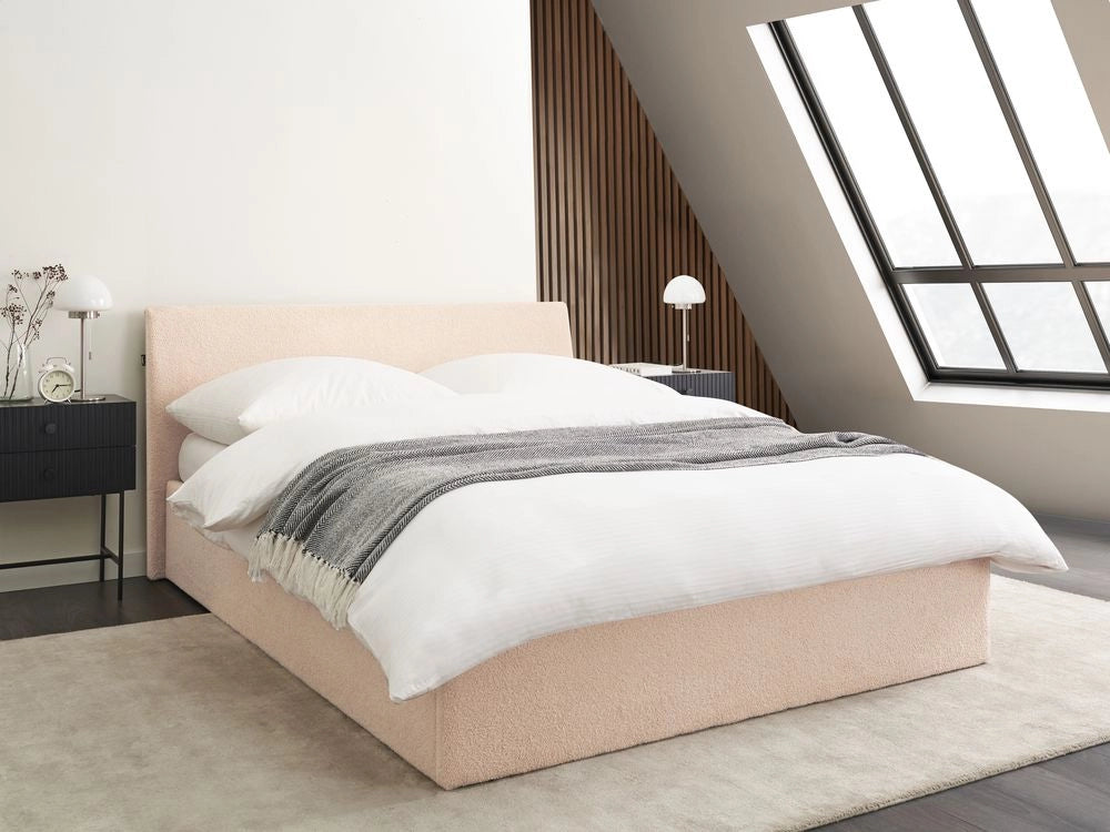 Letto imbottito in bouclé beige 140 x 200 cm con contenitore per testata elevabile
