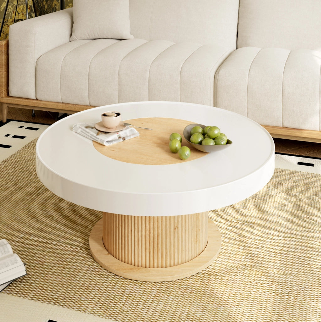 Tavolino da salotto rotondo 75x75x39 cm in MDF e PVC; naturale e bianco