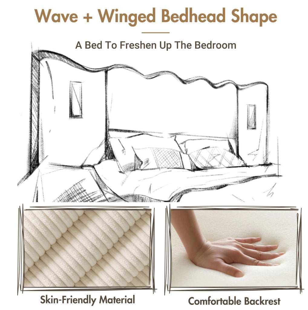 Letto matrimoniale con contenitore 180x200 cm; lampada orientabile; USB e Type-C; velluto a coste beige