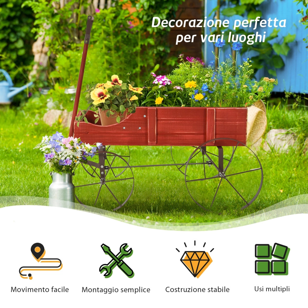 Carrettino di legno fioriera con ruote e 2 sezioni per piante, Porta piante da esterno per giardino Rosso-Fioriere