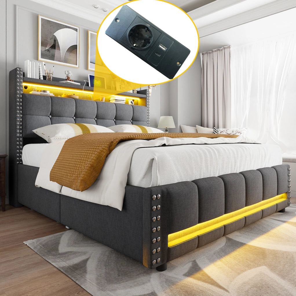 Letto matrimoniale imbottito 160x200 cm con LED, USB, contenitore e 4 cassetti