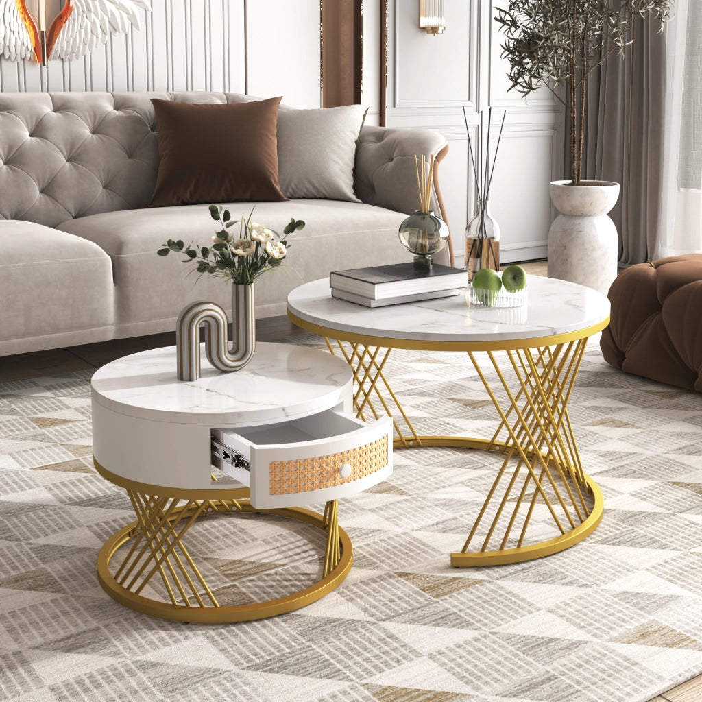 OKWISH Tavolini da Salotto Impilabili Rotondi con 1 Cassetto, Piano Effetto Marmo e Frontale Effetto Rattan, MDF e Metallo, Bianco Oro